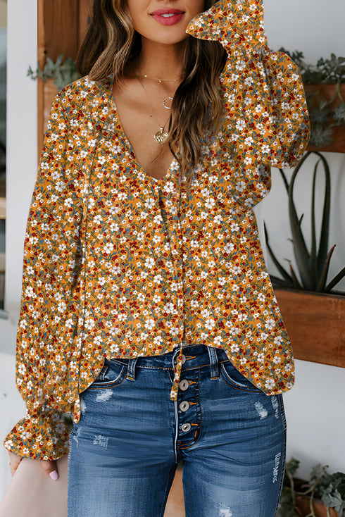 Ruffled V Neck Bubble Sleeve Ditzy Floral Tie Front Blouse