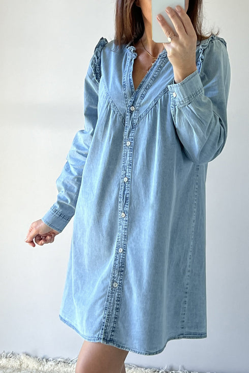 Ruffled V Neck Buttoned Denim Shift Mini Dress