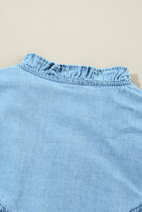 Ruffled V Neck Buttoned Denim Shift Mini Dress