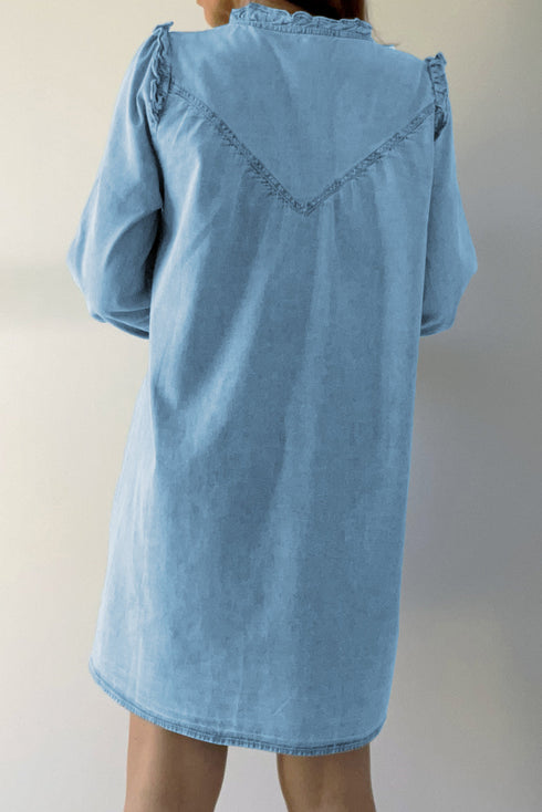 Ruffled V Neck Buttoned Denim Shift Mini Dress