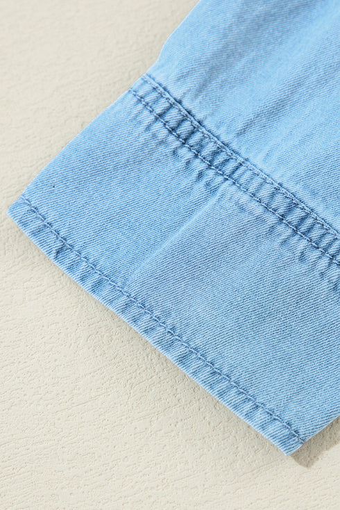 Ruffled V Neck Buttoned Denim Shift Mini Dress