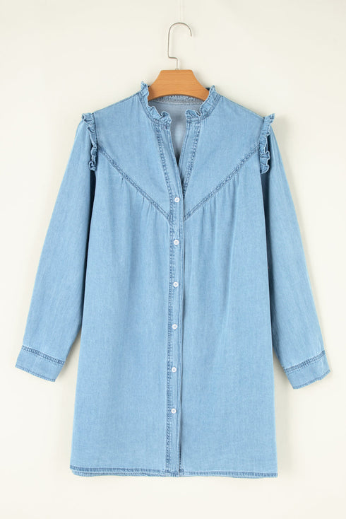 Ruffled V Neck Buttoned Denim Shift Mini Dress