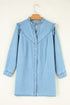 Ruffled V Neck Buttoned Denim Shift Mini Dress