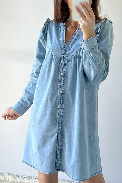 Ruffled V Neck Buttoned Denim Shift Mini Dress