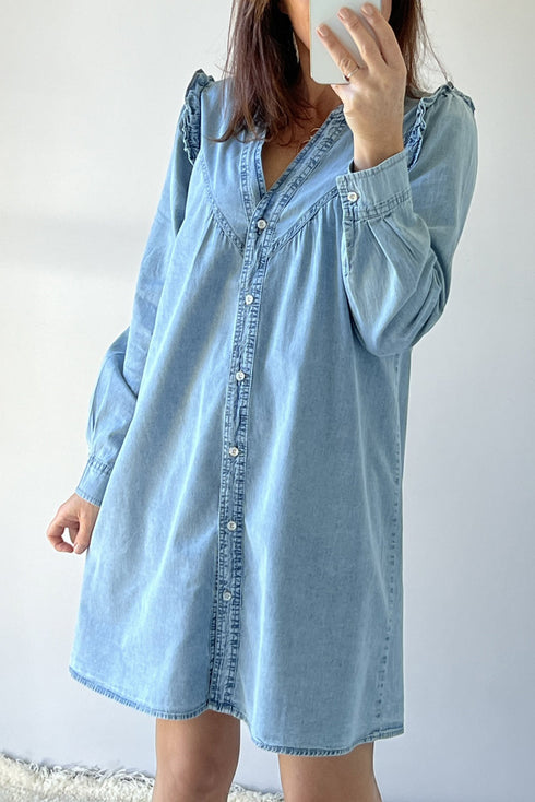 Ruffled V Neck Buttoned Denim Shift Mini Dress