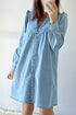 Ruffled V Neck Buttoned Denim Shift Mini Dress