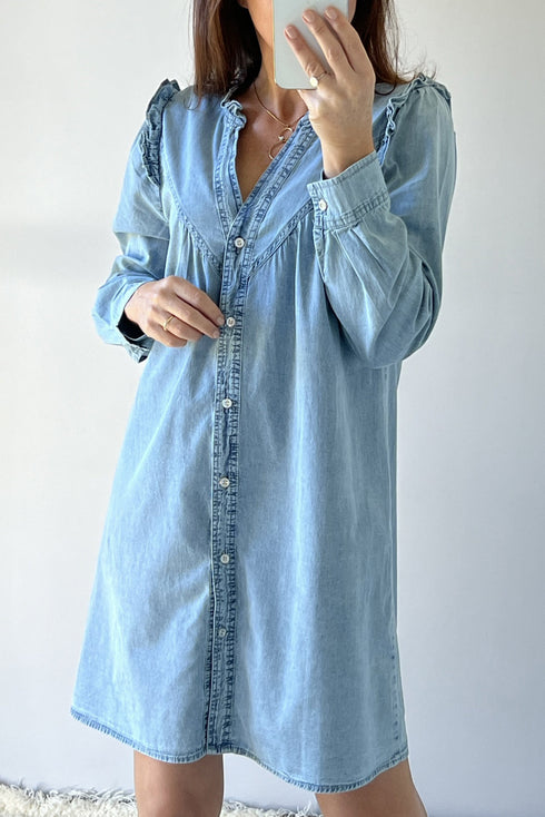 Ruffled V Neck Buttoned Denim Shift Mini Dress