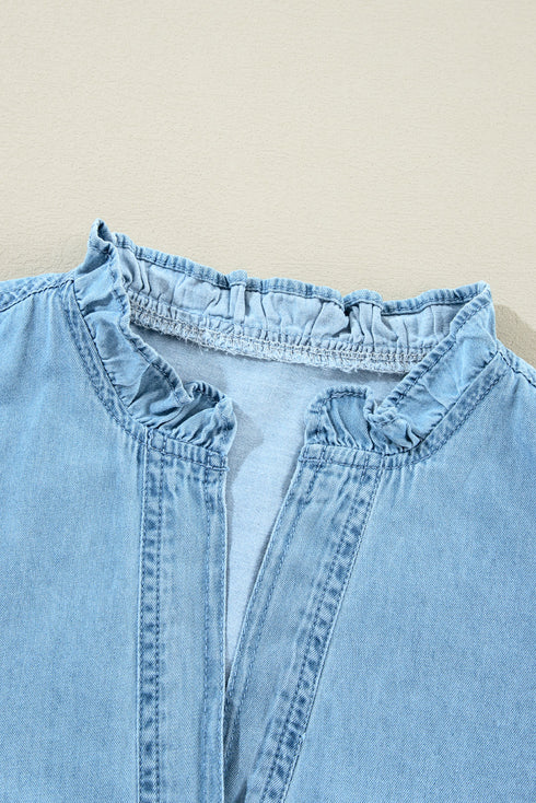 Ruffled V Neck Buttoned Denim Shift Mini Dress