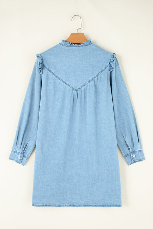 Ruffled V Neck Buttoned Denim Shift Mini Dress