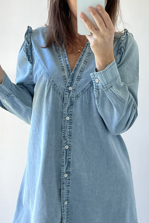 Ruffled V Neck Buttoned Denim Shift Mini Dress