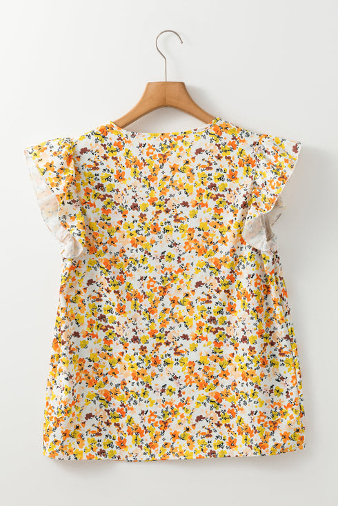 Ruffled V Neck Floral Print Woven Sleeveless Tank Top