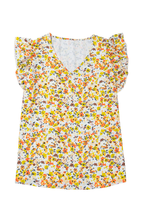 Ruffled V Neck Floral Print Woven Sleeveless Tank Top