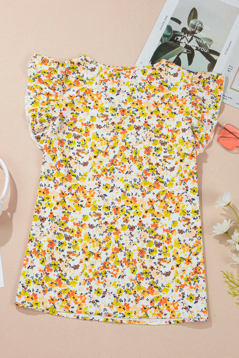 Ruffled V Neck Floral Print Woven Sleeveless Tank Top