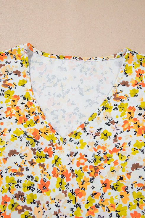 Ruffled V Neck Floral Print Woven Sleeveless Tank Top