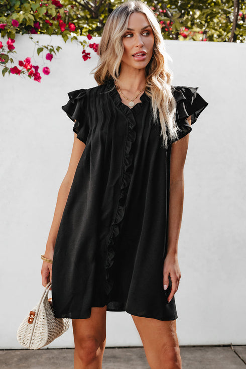 Ruffled V Neck Flutter Sleeve Shift Dress