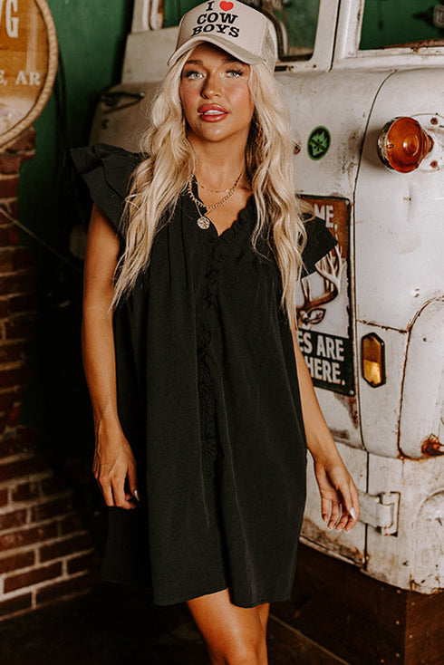 Ruffled V Neck Flutter Sleeve Shift Dress