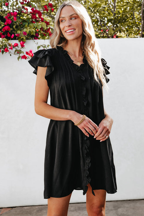 Ruffled V Neck Flutter Sleeve Shift Dress
