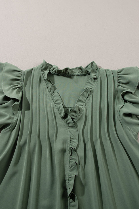 Ruffled V Neck Flutter Sleeve Shift Dress