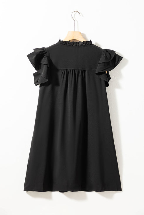 Ruffled V Neck Flutter Sleeve Shift Dress