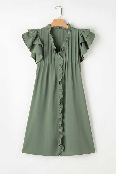 Ruffled V Neck Flutter Sleeve Shift Dress