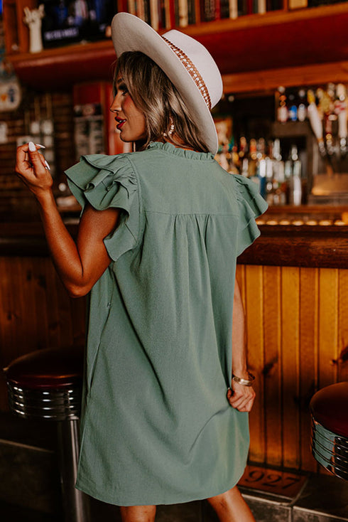 Ruffled V Neck Flutter Sleeve Shift Dress