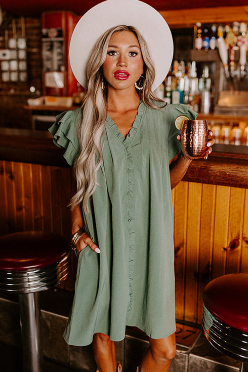 Ruffled V Neck Flutter Sleeve Shift Dress