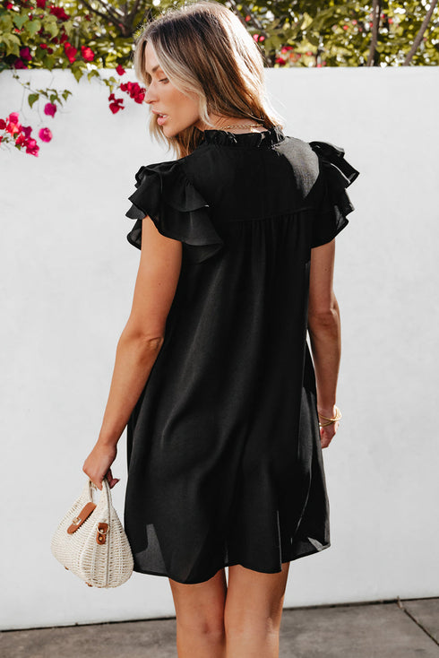 Ruffled V Neck Flutter Sleeve Shift Dress