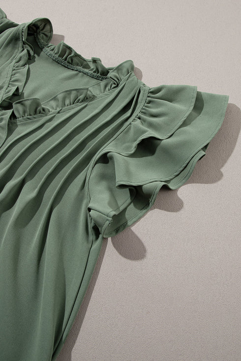 Ruffled V Neck Flutter Sleeve Shift Dress