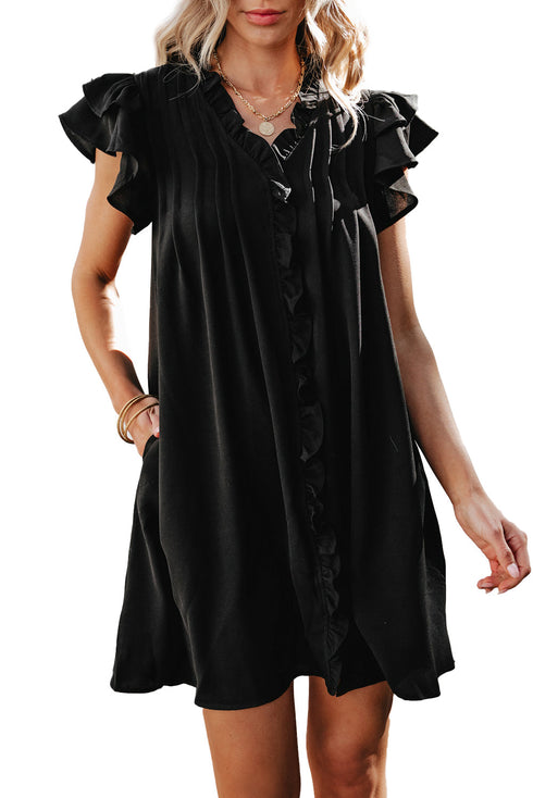 Ruffled V Neck Flutter Sleeve Shift Dress