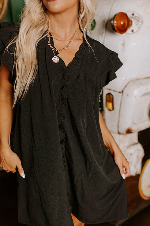 Ruffled V Neck Flutter Sleeve Shift Dress
