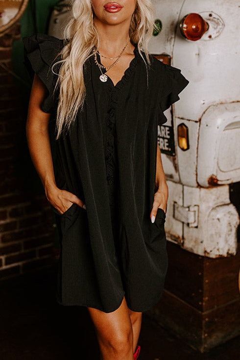 Ruffled V Neck Flutter Sleeve Shift Dress