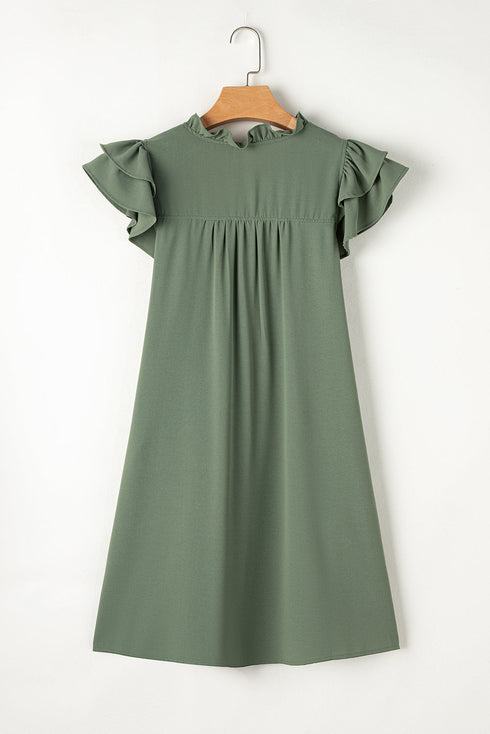 Ruffled V Neck Flutter Sleeve Shift Dress