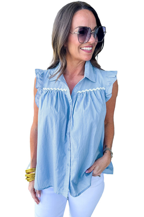 Ruffled V Neck Ric Rac Trim Sleeveless Blouse