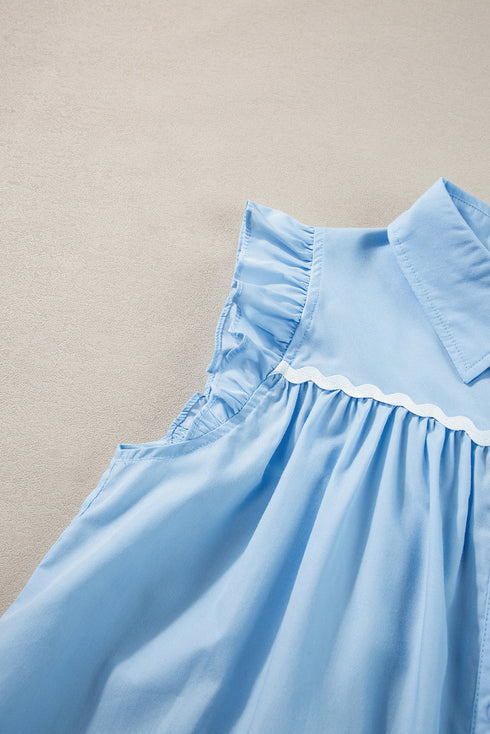 Ruffled V Neck Ric Rac Trim Sleeveless Blouse