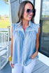 Ruffled V Neck Ric Rac Trim Sleeveless Blouse