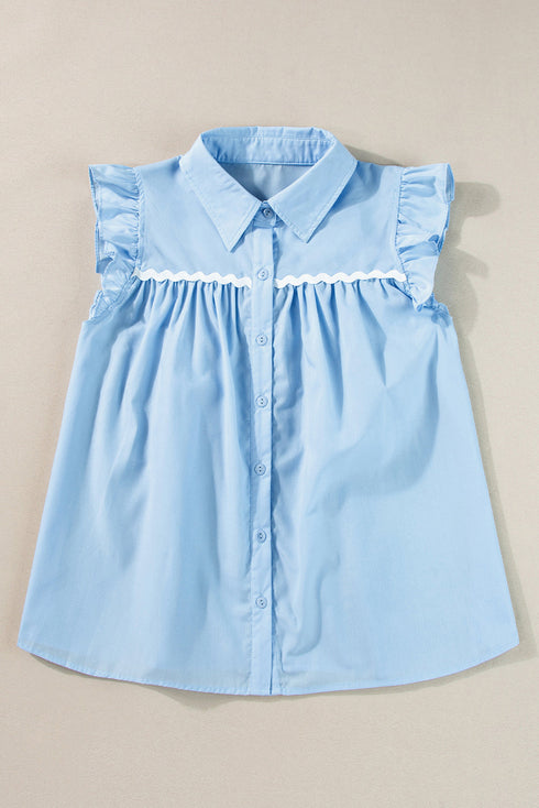 Ruffled V Neck Ric Rac Trim Sleeveless Blouse