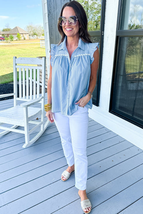Ruffled V Neck Ric Rac Trim Sleeveless Blouse