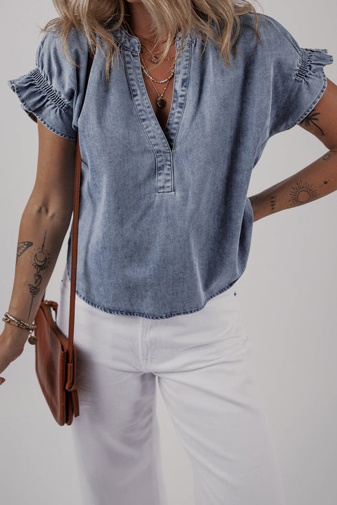 Ruffled V Neck Short Puff Sleeve Denim Top