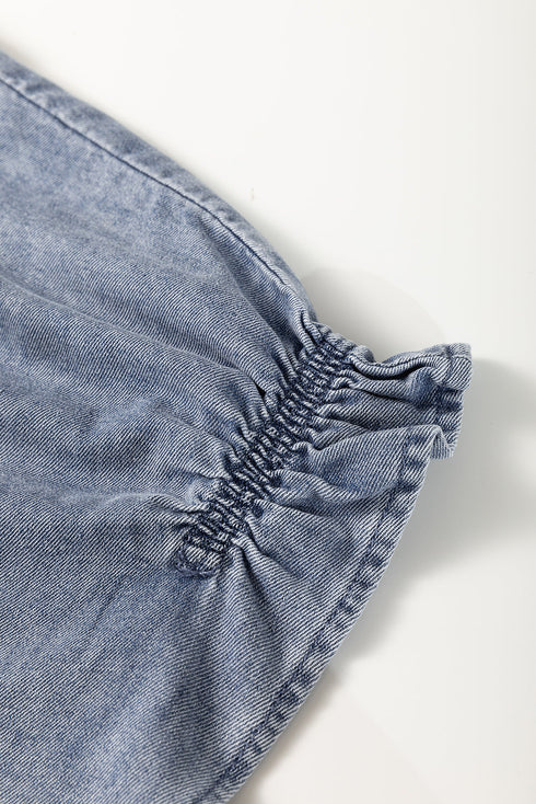 Ruffled V Neck Short Puff Sleeve Denim Top