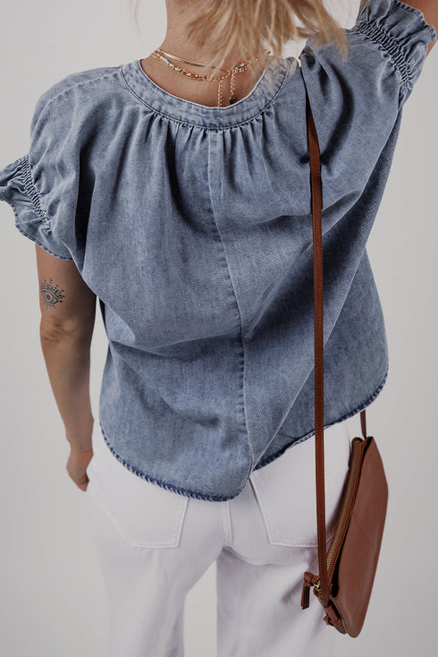 Ruffled V Neck Short Puff Sleeve Denim Top