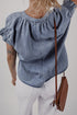 Ruffled V Neck Short Puff Sleeve Denim Top