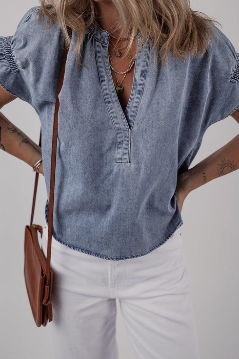 Ruffled V Neck Short Puff Sleeve Denim Top