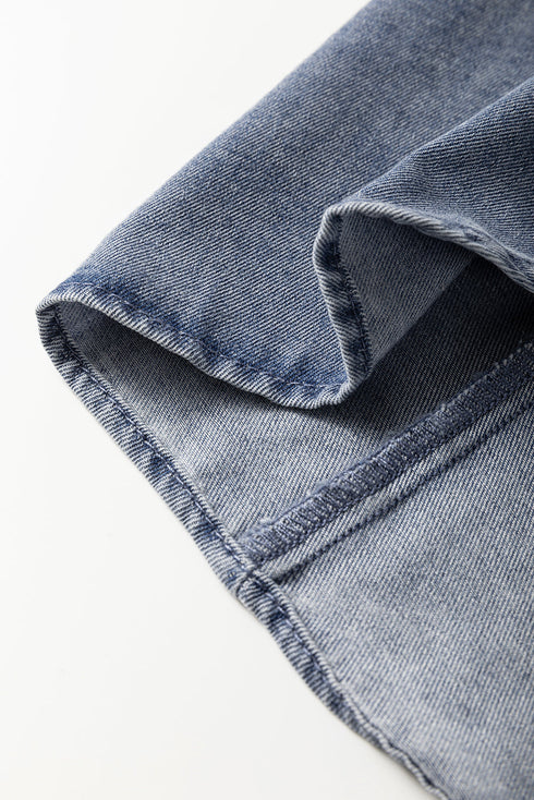 Ruffled V Neck Short Puff Sleeve Denim Top