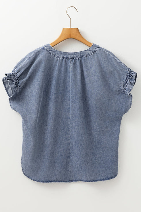 Ruffled V Neck Short Puff Sleeve Denim Top