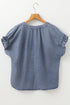 Ruffled V Neck Short Puff Sleeve Denim Top