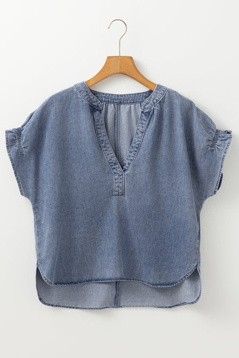 Ruffled V Neck Short Puff Sleeve Denim Top