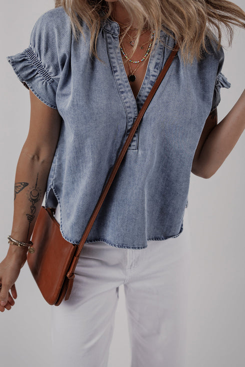 Ruffled V Neck Short Puff Sleeve Denim Top