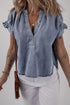 Ruffled V Neck Short Puff Sleeve Denim Top