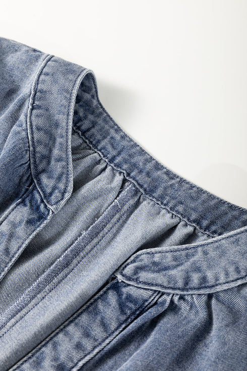 Ruffled V Neck Short Puff Sleeve Denim Top
