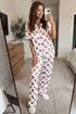 Rugby Print Short Sleeve Button Down Top Loose Pants Pajama Set